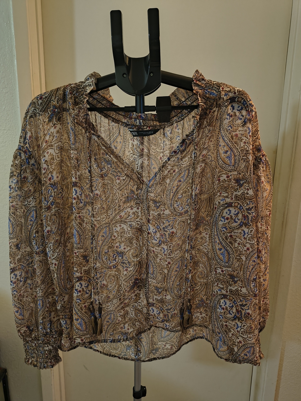 Size Medium Zara Sheer Paisley Peasant Blouse - Brown & Blue